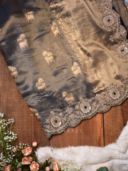 Devyani Teal Blue Tissue Silk Saree with Zari and Zardozi Work