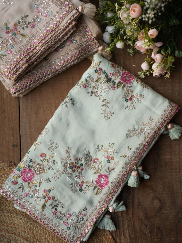 Image of Pushpjaal Green Sea Saree with Heavy Floral Thread Work and Readymade Blouse