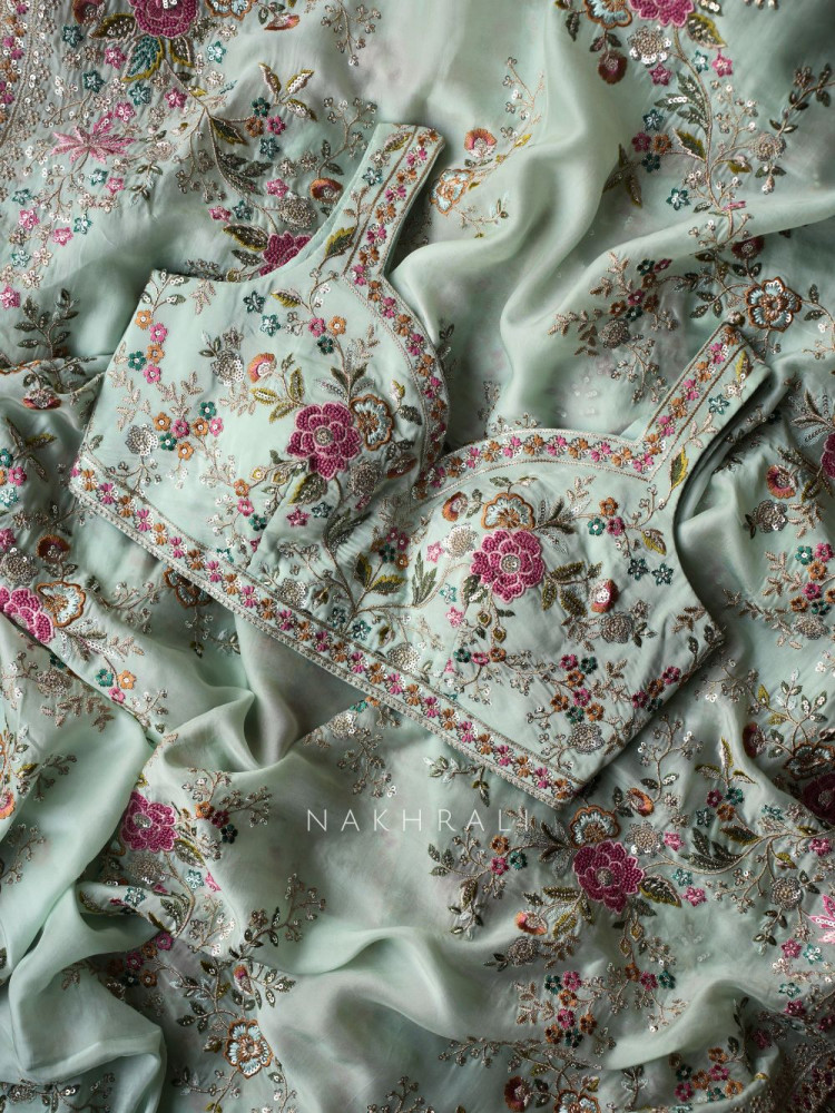 Image of Whispers of Spring Sea Green Saree with Heavy Floral Thread Work and Readymade Blouse