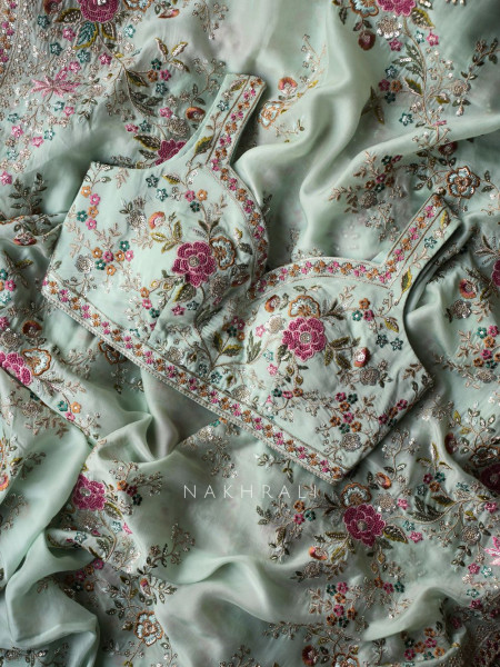 Whispers of Spring Sea Green Saree with Heavy Floral Thread Work and Readymade Blouse