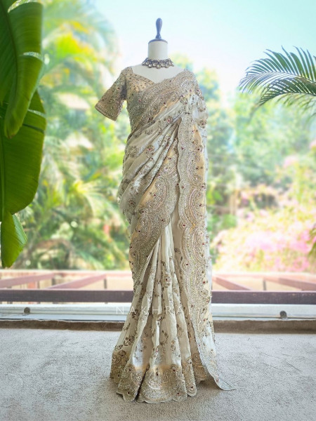 Noor-e-Chandani Cream Organza Saree with Heavy Embroidery Work