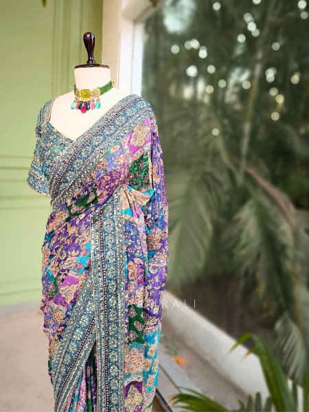 Tamaswini Blue Saree with Stone, Zari & Sequin Work