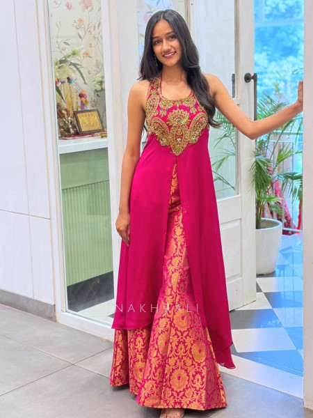 Sutra-Lekha Magenta Indo Western Palazzo Set With Embellished Yoke
