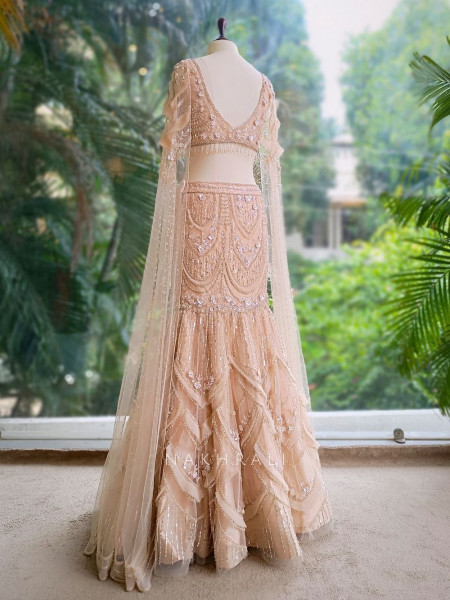 Elivra Beige Net Indo-Western Lehenga with Beads & Sequin Work