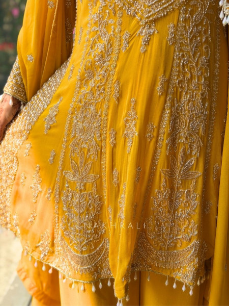 Zyara Yellow Suit Set with Cut Dana and Zari Work