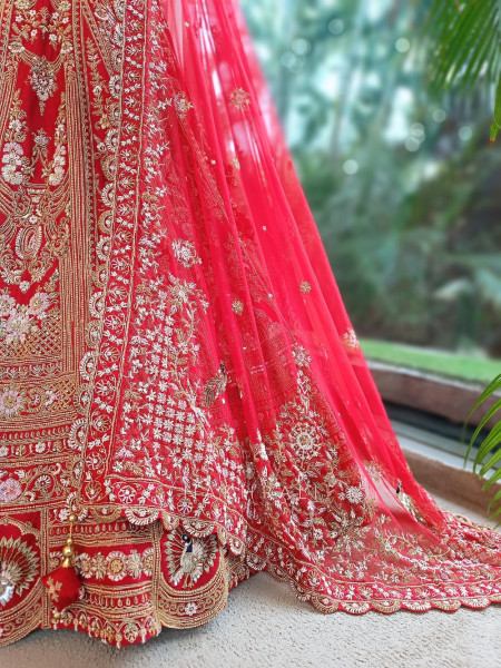 Vermillion Red Silk Velvet Bridal Lehenga With Zardozi, Dabka & Doli Motif Work