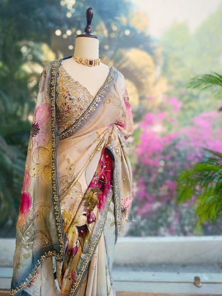 Florie Multicolor Floral Saree with Zari and Mirror Work Blouse