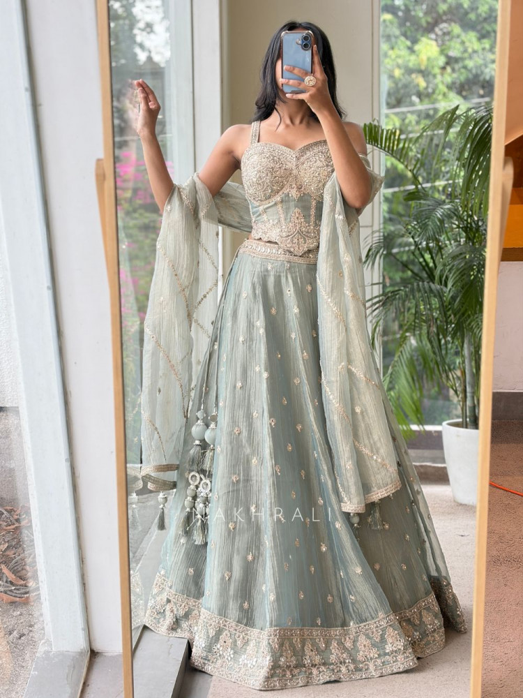 Image of Zuri Sea Green Embroidered Indo Western Lehenga Set
