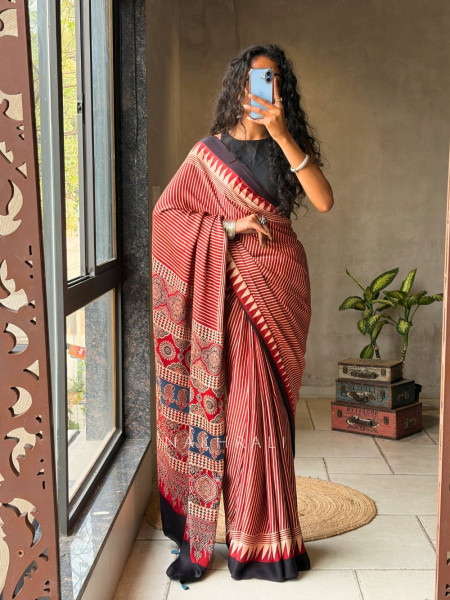 Raabta Red Modal Saree with Ajrak Border