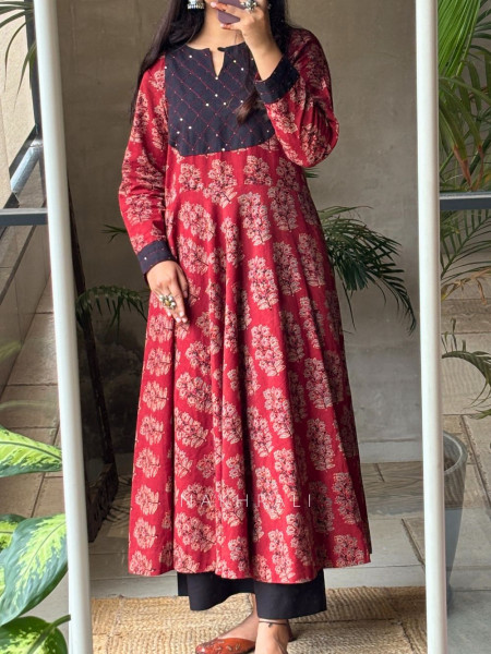Adaa Cotton Red Block Printed Kurta with Handwork Yoke