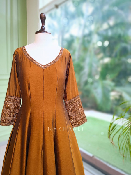 Yashvika Brown Raw Silk  Anarkali Suit Set