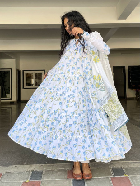 Kiyana Blue Cotton Suit Set with Floral Print