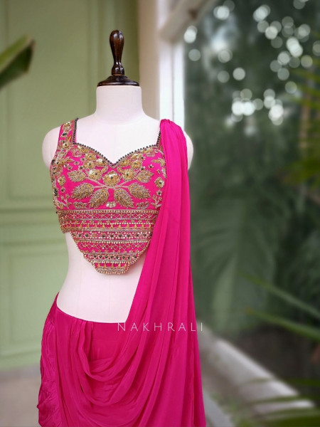Fuchsia Magenta Pre-Drape Saree with Sequin, Beads, and Cut Dana Work