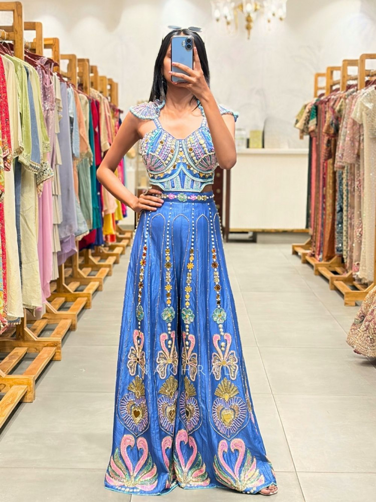 Image of Nymera Teal Blue Embellished Jumpsuit with Mirror Bead Work