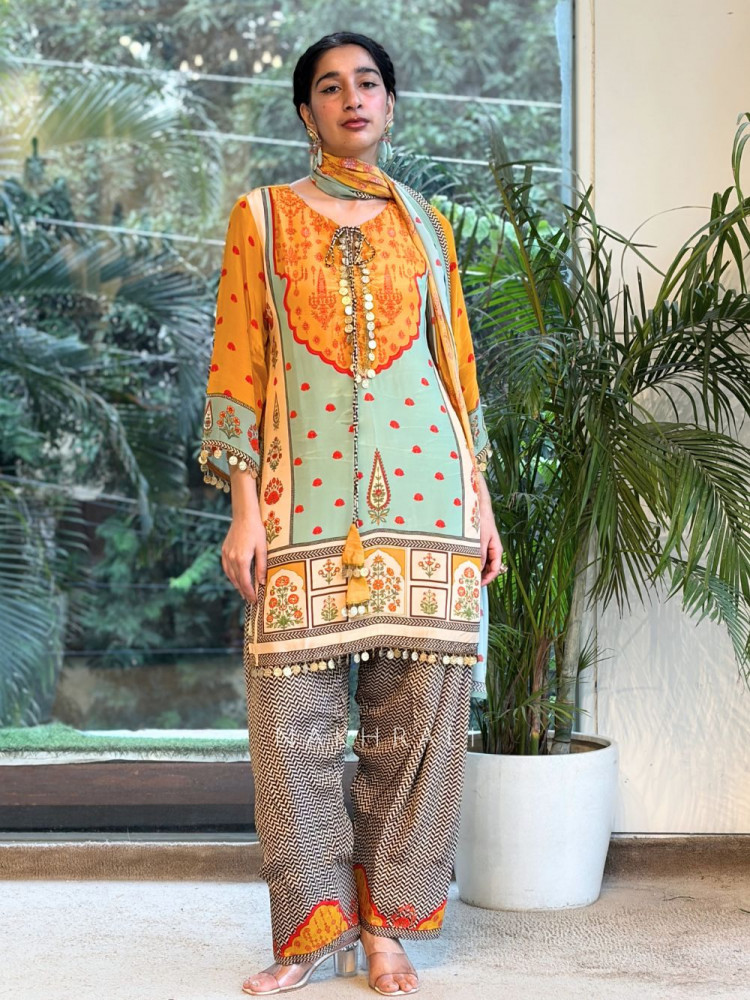 Image of Jharokha Mustard Modal Satin Silk Suit Set