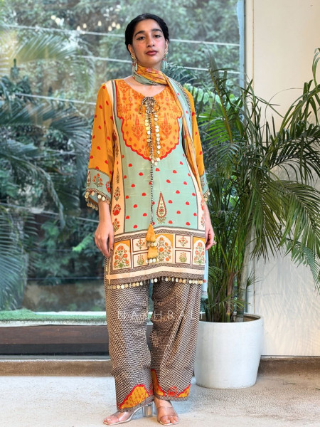 Jharokha Mustard Modal Satin Silk Suit Set
