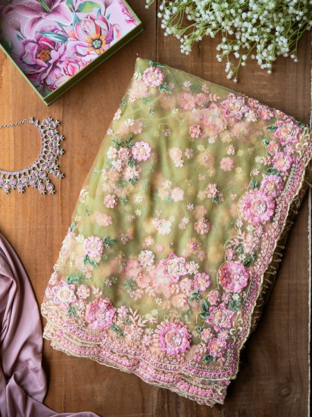 Odette Green Floral Embroidered Saree with Readymade Blouse