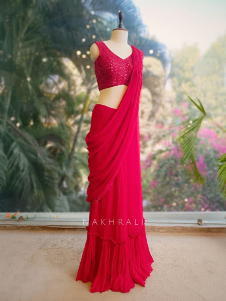 Serenara Red Drape Saree with Embellished Cape