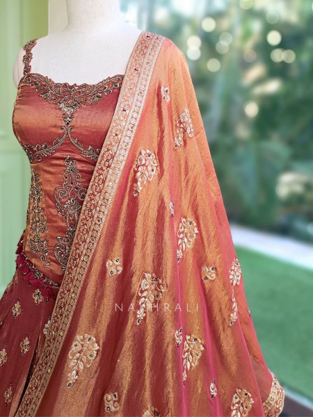 Surmayi Pink Onion Tissue Silk Indo-Western Lehenga