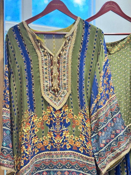 Olive Oasis Olive Green Modal Satin Gharara Suit Set