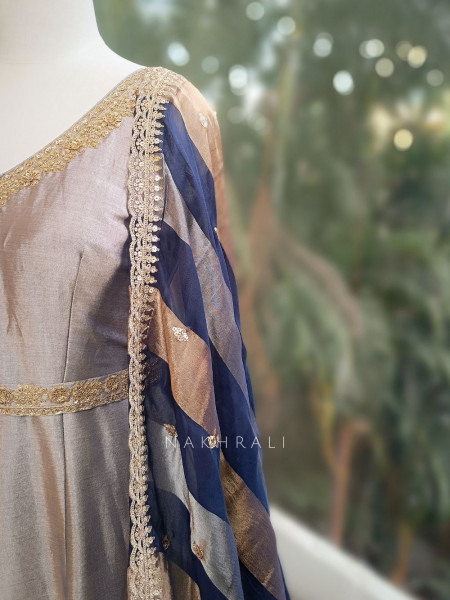 Virelle Grey Silk Anarkali Suit Set with Zari and Sequin Work