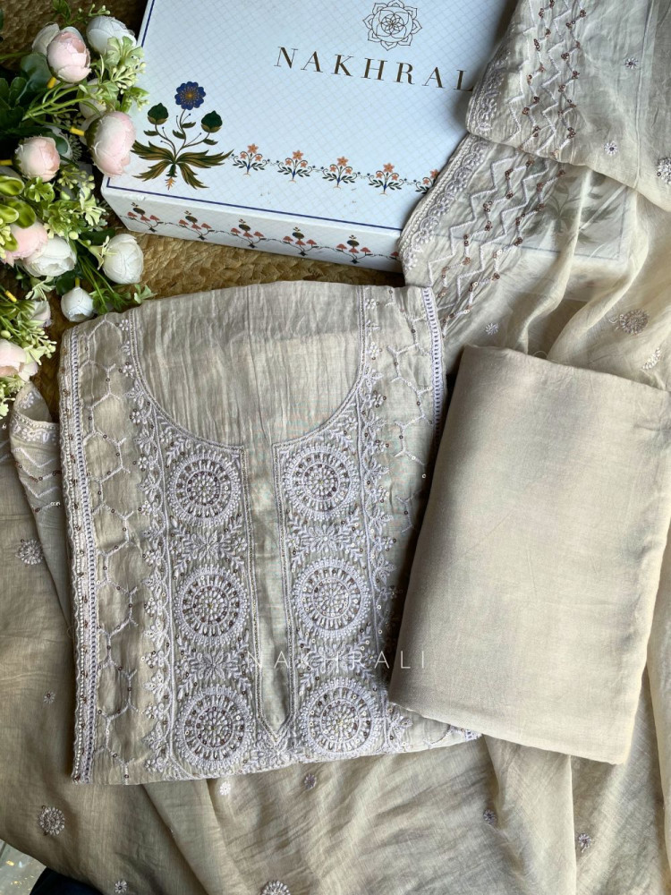 Image of Ishira Grey Embroidered Cotton Dress Material Set