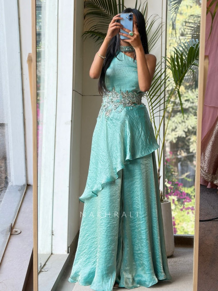 Ishani Aqua Blue Indo-Western Set with Sequin Waist Work
