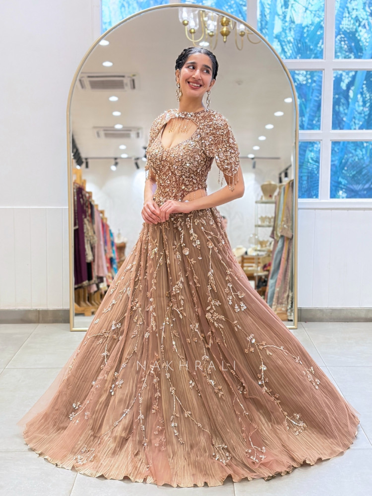 Image of Suede Blossom Brown Soft Net Evening Gown