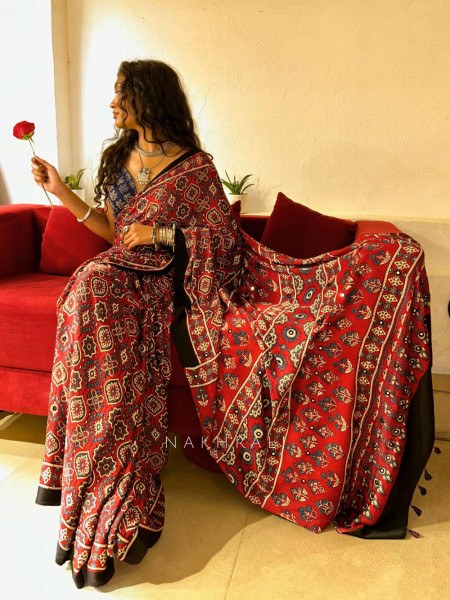 Rudira Maroon Modal Saree with Mirror Work Pallu