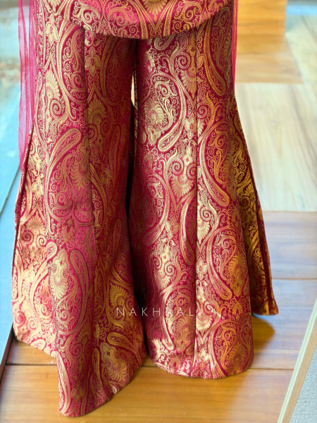 Afsana Maroon Brocade Palazzo Kurta Set with Zari Bead Work