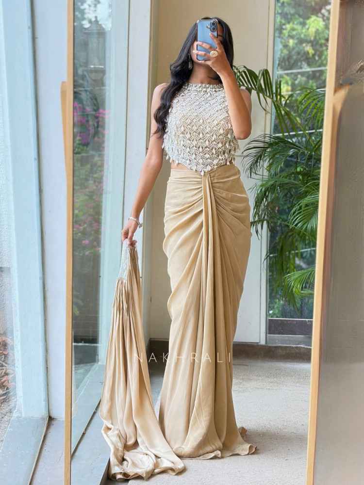 Image of Ruched Beige Halter Neck Crop Top Skirt Set with Cut Dana, Pearl and Bead Work