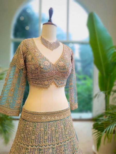 Aurelia Sky Blue Net Lehenga with Zari & Sequin Embroidery