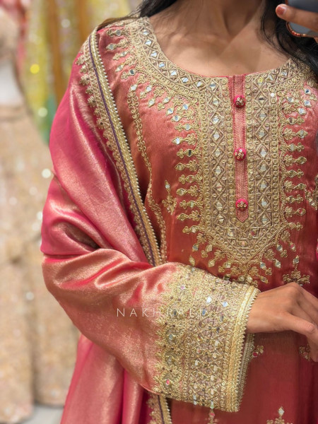 Triveni Pink Zari Tissue Suit Set with Gota Patti Sequin Work
