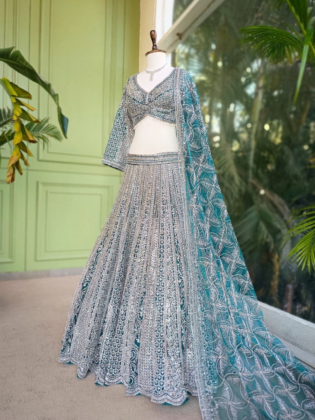 Rivarka Rama Green Mirror and Bead Embroidered Bridal Lehenga