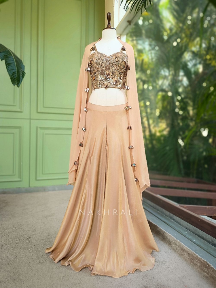 Image of Zelvara Beige Embellished Corset &amp; Palazzo Set with Dupatta
