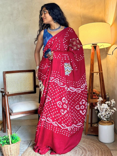 Manjari Red Bandhej Saree with Running Blouse Piece