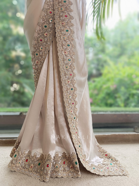 Rajvika Beige Metallic Tissue Silk Saree with Readymade Blouse