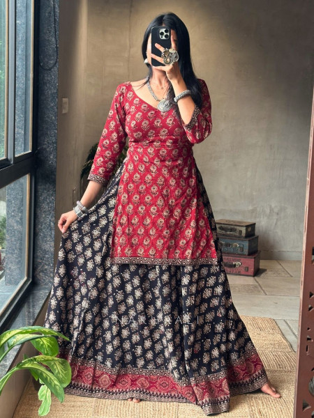 Bijuria Red and Black Cotton Chaniya Choli with Kurta-Style Blouse