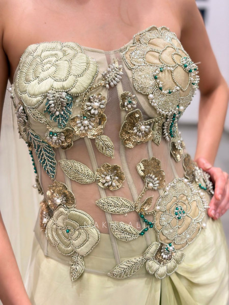Celadon Pista Green Net & Satin-Silk Blend Indo-Western Crop Top Skirt Set
