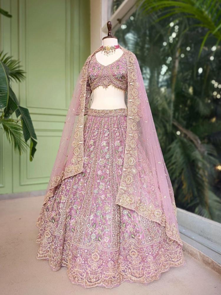 Image of Sylvara Pink Embroidered Lehenga Set