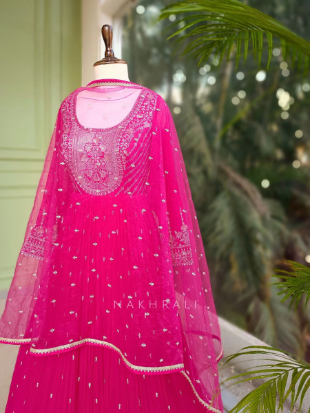 Fuchsia Magenta Georgette Anarkali Set with Embroidered Neck Work