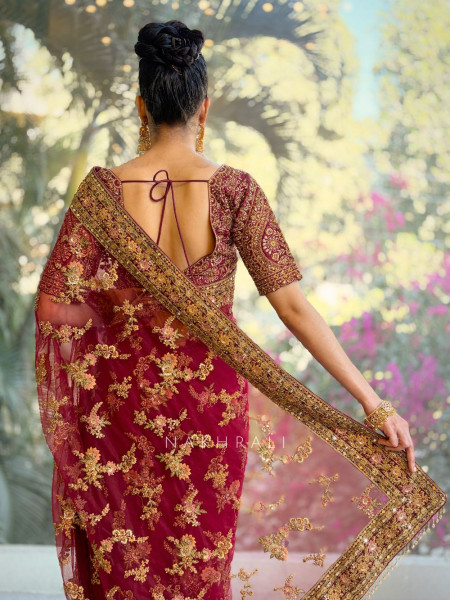 Yuvika Maroon Net Saree with Embroidery Work