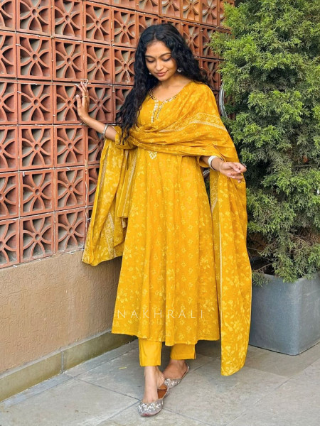 Zyora Mustard Cotton Suit Set with Mirror Work & Floral Print
