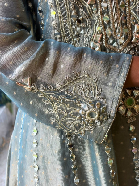 Sylvara Grey Tissue Suit Set with Mirror and Gota Patti Work