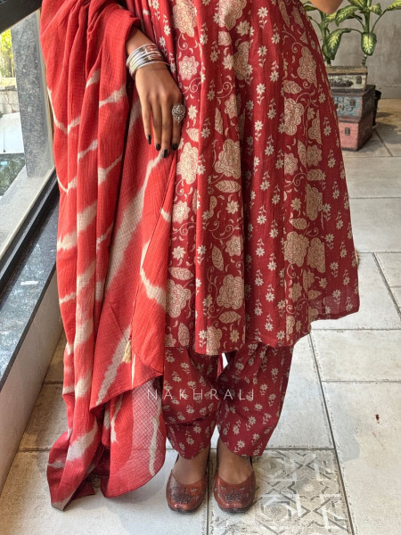 Gulnaar Maroon Rayon Cotton Anarkali Suit Set with Floral Print