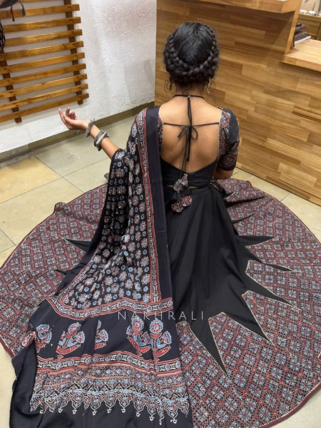 kalindi black Pure Cotton Chaniya Choli Ajrakh Kalamkari Patchwork & Gota Detail