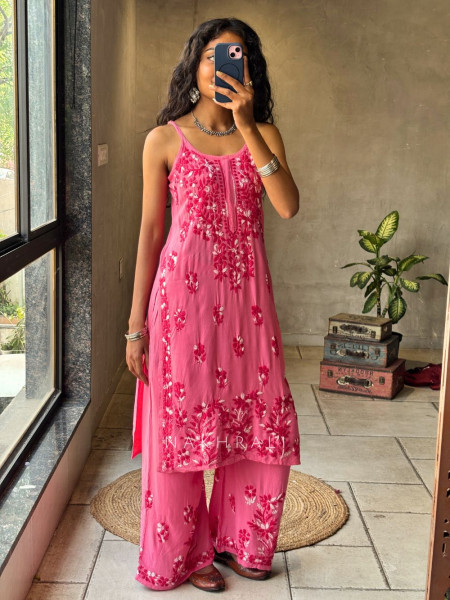 Solira Coral Pink Rayon Kurta Pant Set with Chikankari Work