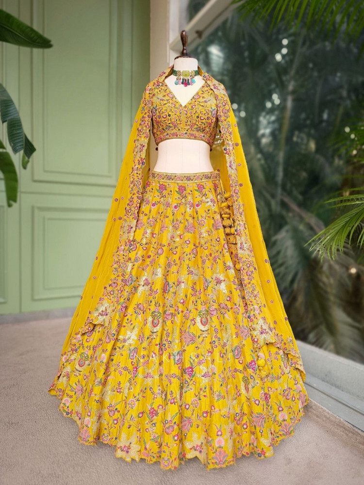 Image of Kesar Yellow Floral Embroidered Lehenga Set