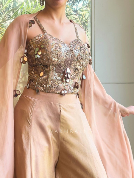 Zelvara Beige Embellished Corset & Palazzo Set with Dupatta