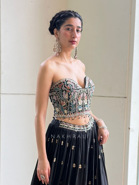 Noir Bloom Embroidered Crop Top & Skirt Set